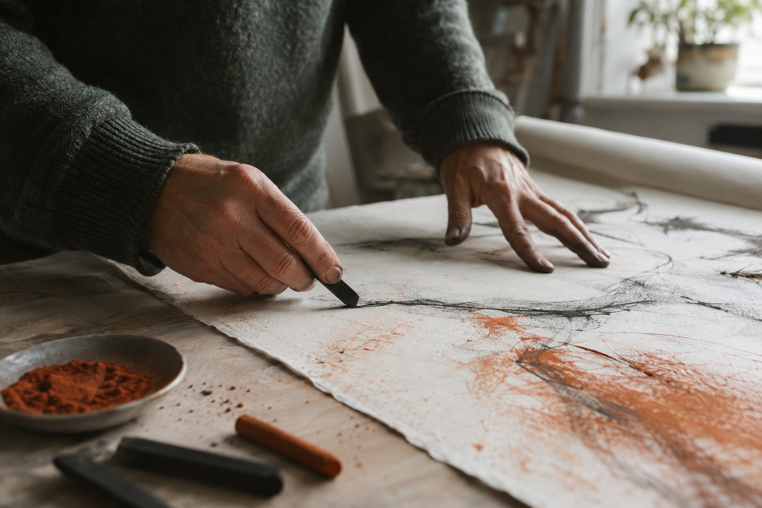 An artist working on paper in a studio